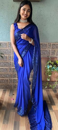 Party Wear Blue color Saree in Georgette fabric with Classic Sequence work : 1888286