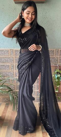 Party Wear Black and Grey color Saree in Georgette fabric with Classic Sequence work : 1888287