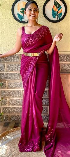 Party Wear Purple and Violet color Saree in Georgette fabric with Classic Sequence work : 1888288