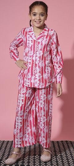 Festive, Summer Pink and Majenta color Girls Co-ords Set in Cotton fabric with Straight Floral, Printed work : 1888305