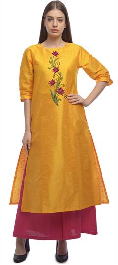 Party Wear Orange color Salwar Kameez in Dupion Silk fabric with Palazzo, Straight Embroidered, Thread work : 1888331