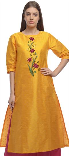 Party Wear Orange color Kurti in Dupion Silk fabric with Long Sleeve, Straight Embroidered, Thread work : 1888364