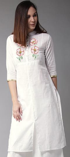 Party Wear White and Off White color Kurti in Cotton fabric with Long Sleeve, Straight Embroidered, Thread work : 1888365