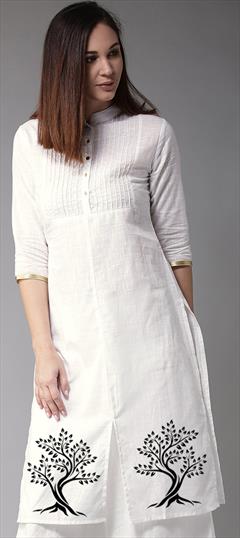Party Wear White and Off White color Kurti in Cotton fabric with Long Sleeve, Straight Embroidered, Thread work : 1888366
