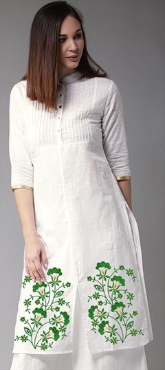 Party Wear White and Off White color Kurti in Cotton fabric with Long Sleeve, Straight Embroidered, Thread work : 1888367