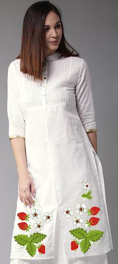 Party Wear White and Off White color Kurti in Cotton fabric with Long Sleeve, Straight Embroidered, Thread work : 1888369