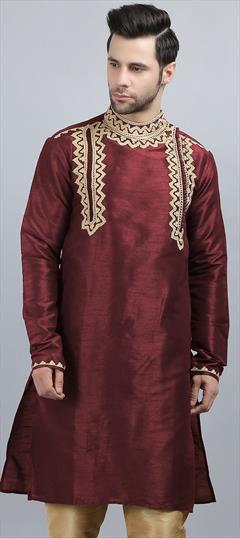Party Wear Red and Maroon color Kurta in Dupion Silk fabric with Aari, Embroidered work : 1888404