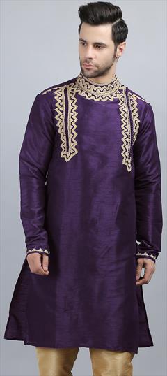 Party Wear Purple and Violet color Kurta in Dupion Silk fabric with Aari, Embroidered work : 1888412