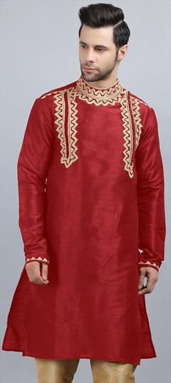 Party Wear Red and Maroon color Kurta in Dupion Silk fabric with Aari, Embroidered work : 1888415