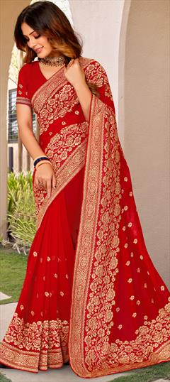 Bridal, Wedding Red and Maroon color Saree in Georgette fabric with Classic Embroidered, Thread, Zari work : 1888472