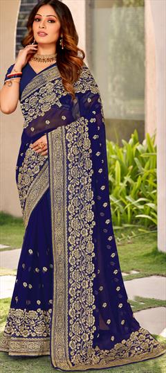 Bridal, Wedding Blue color Saree in Georgette fabric with Classic Embroidered, Thread, Zari work : 1888474