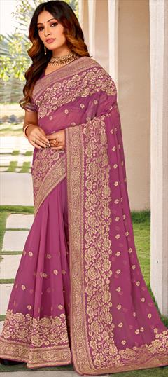 Bridal, Wedding Pink and Majenta color Saree in Georgette fabric with Classic Embroidered, Thread, Zari work : 1888476