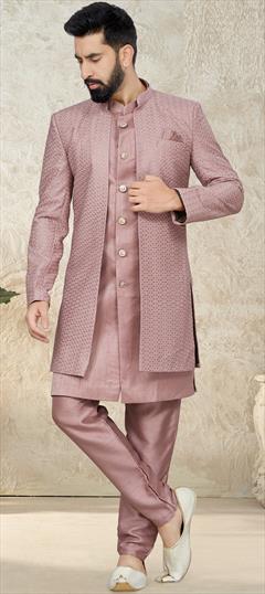 Party Wear Pink and Majenta color IndoWestern Dress in Art Silk fabric with Embroidered, Resham, Thread work : 1888589