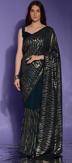 Party Wear Blue color Saree in Georgette fabric with Classic Patch, Sequence work : 1888617