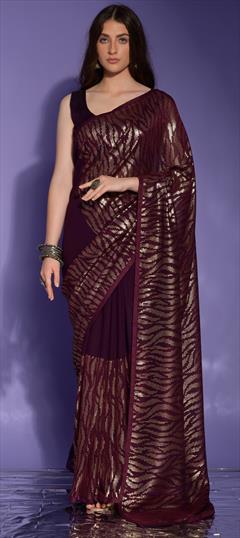 Party Wear Purple and Violet color Saree in Georgette fabric with Classic Patch, Sequence work : 1888618