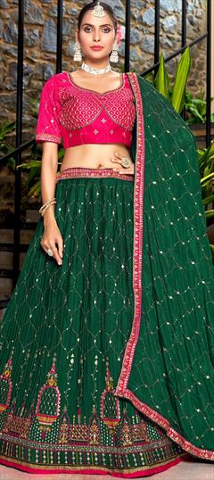 Reception, Wedding Green color Lehenga in Crushed Silk fabric with Flared Embroidered, Sequence, Thread work : 1888674