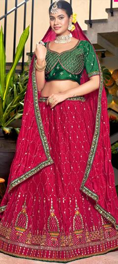 Reception, Wedding Pink and Majenta color Lehenga in Crushed Silk fabric with Flared Embroidered, Sequence, Thread work : 1888675