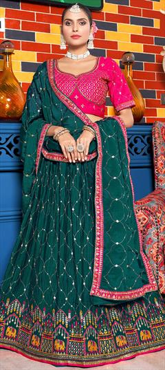 Reception, Wedding Green color Lehenga in Crushed Silk fabric with Flared Embroidered, Sequence, Thread work : 1888676