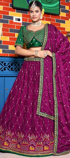 Reception, Wedding Purple and Violet color Lehenga in Crushed Silk fabric with Flared Embroidered, Sequence, Thread work : 1888677