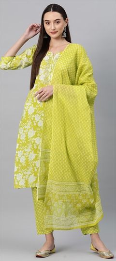 Party Wear, Summer Green color Salwar Kameez in Cotton fabric with Straight Cut Dana, Floral, Printed work : 1888679