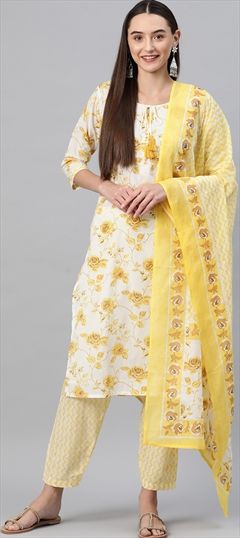 Party Wear, Summer White and Off White, Yellow color Salwar Kameez in Cotton fabric with Straight Floral, Printed work : 1888682