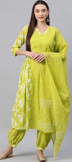 Party Wear, Summer Green color Salwar Kameez in Cotton fabric with Straight Printed, Sequence, Thread work : 1888685