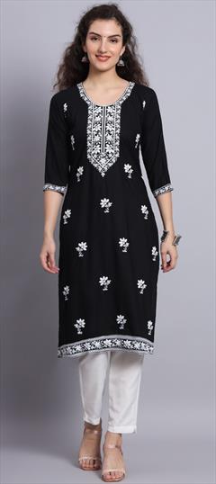 Casual Black and Grey color Kurti in Rayon fabric with Long Sleeve, Straight Embroidered, Thread work : 1889271