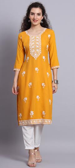 Casual Yellow color Kurti in Rayon fabric with Long Sleeve, Straight Embroidered, Thread work : 1889272