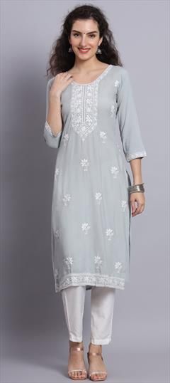 Casual Black and Grey color Kurti in Rayon fabric with Long Sleeve, Straight Embroidered, Thread work : 1889274