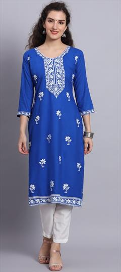 Casual Green color Kurti in Rayon fabric with Long Sleeve, Straight Embroidered, Thread work : 1889275