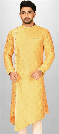 Party Wear Yellow color Kurta in Dupion Silk fabric with Weaving work : 1889385