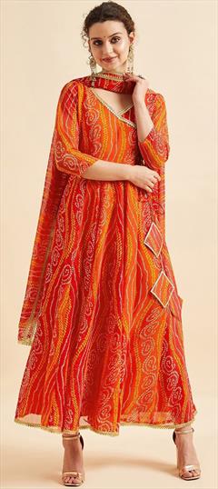 Festive, Party Wear Orange color Kurti in Georgette fabric with Anarkali, Long Sleeve Bandhej, Printed work : 1889411