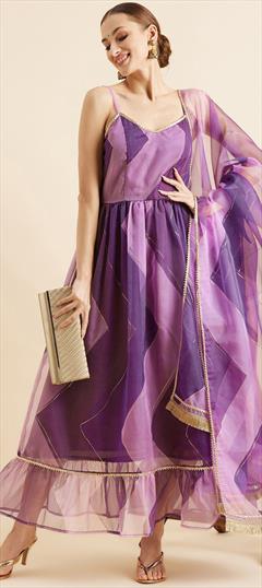 Festive, Party Wear Purple and Violet color Kurti in Organza Silk fabric with Anarkali Gota Patti work : 1889427