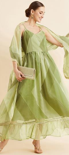 Festive, Party Wear Green color Kurti in Organza Silk fabric with Anarkali Gota Patti work : 1889430