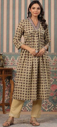 Party Wear, Summer Beige and Brown color Salwar Kameez in Cotton fabric with Anarkali Gota Patti, Printed, Resham, Thread work : 1889431