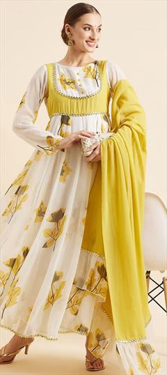 Festive, Party Wear Yellow color Kurti in Georgette fabric with Anarkali, Long Sleeve Floral, Printed work : 1889460