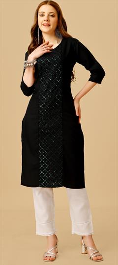 Casual Black and Grey color Salwar Kameez in Cotton fabric with Straight Fancy Work, Sequence, Thread work : 1889466