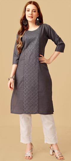 Casual Black and Grey color Salwar Kameez in Cotton fabric with Straight Fancy Work, Sequence, Thread work : 1889468