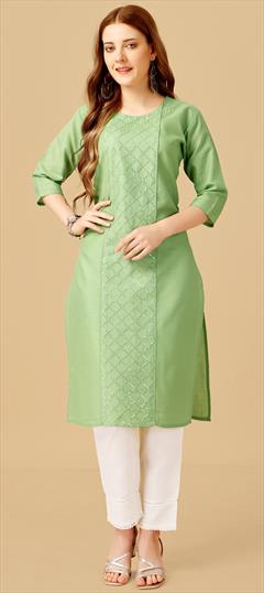 Casual Green color Salwar Kameez in Cotton fabric with Straight Fancy Work, Sequence, Thread work : 1889469