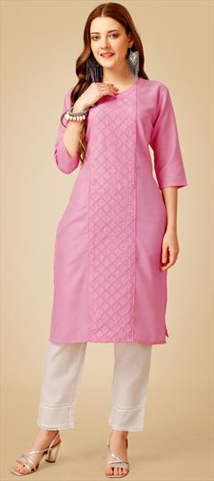 Casual Pink and Majenta color Salwar Kameez in Cotton fabric with Straight Fancy Work, Sequence, Thread work : 1889470
