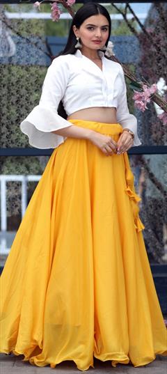 Engagement, Mehendi Sangeet, Wedding Yellow color Ready to Wear Lehenga in Art Silk fabric with Umbrella Shape Thread work : 1889524