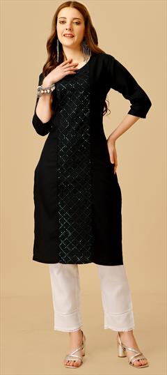 Casual, Party Wear Black and Grey color Salwar Kameez in Cotton fabric with Straight Embroidered, Sequence, Thread work : 1889544