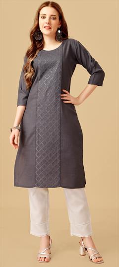 Casual, Party Wear Black and Grey color Salwar Kameez in Cotton fabric with Straight Embroidered, Sequence, Thread work : 1889549
