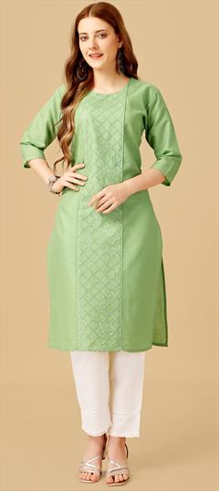 Casual, Party Wear Green color Salwar Kameez in Cotton fabric with Straight Embroidered, Sequence, Thread work : 1889553
