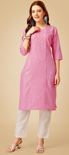 Casual, Party Wear Pink and Majenta color Salwar Kameez in Cotton fabric with Straight Embroidered, Sequence, Thread work : 1889556