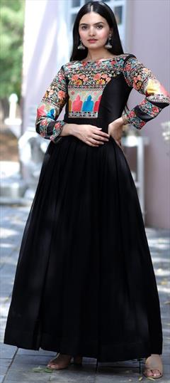 Party Wear, Wedding Black and Grey color Kurti in Georgette fabric with Anarkali, Long Sleeve Embroidered work : 1889643