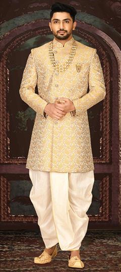 Party Wear Gold color Dhoti Kurta in Imported fabric with Broches, Printed work : 1889670