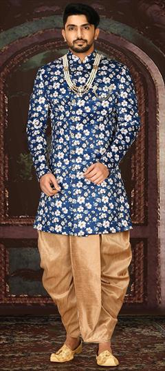 Party Wear Blue color Dhoti Kurta in Imported fabric with Broches, Floral, Printed work : 1889672