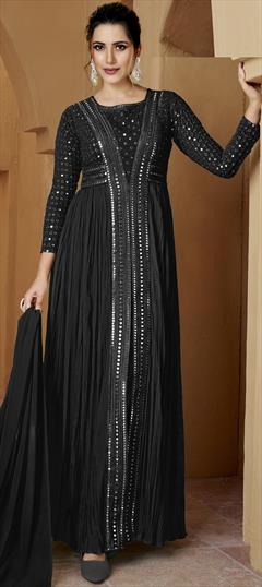 Party Wear, Reception Black and Grey color Salwar Kameez in Georgette fabric with Slits Mirror, Resham, Thread work : 1889708