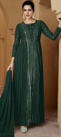 Party Wear, Reception Green color Salwar Kameez in Georgette fabric with Slits Mirror, Resham, Thread work : 1889711